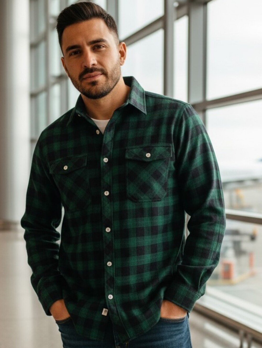 Men's Green and Black Plaid Flannel Button-Up Shirt. WORN ONLY ONCE.